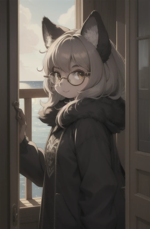 masterpiece, Best quality,1 girl,fluffy,Ship,Manul Girl,door side,
perfect light,glasses,Animal nose,One,The fur detail is adorable,black ,glasses, Looking at the viewer,