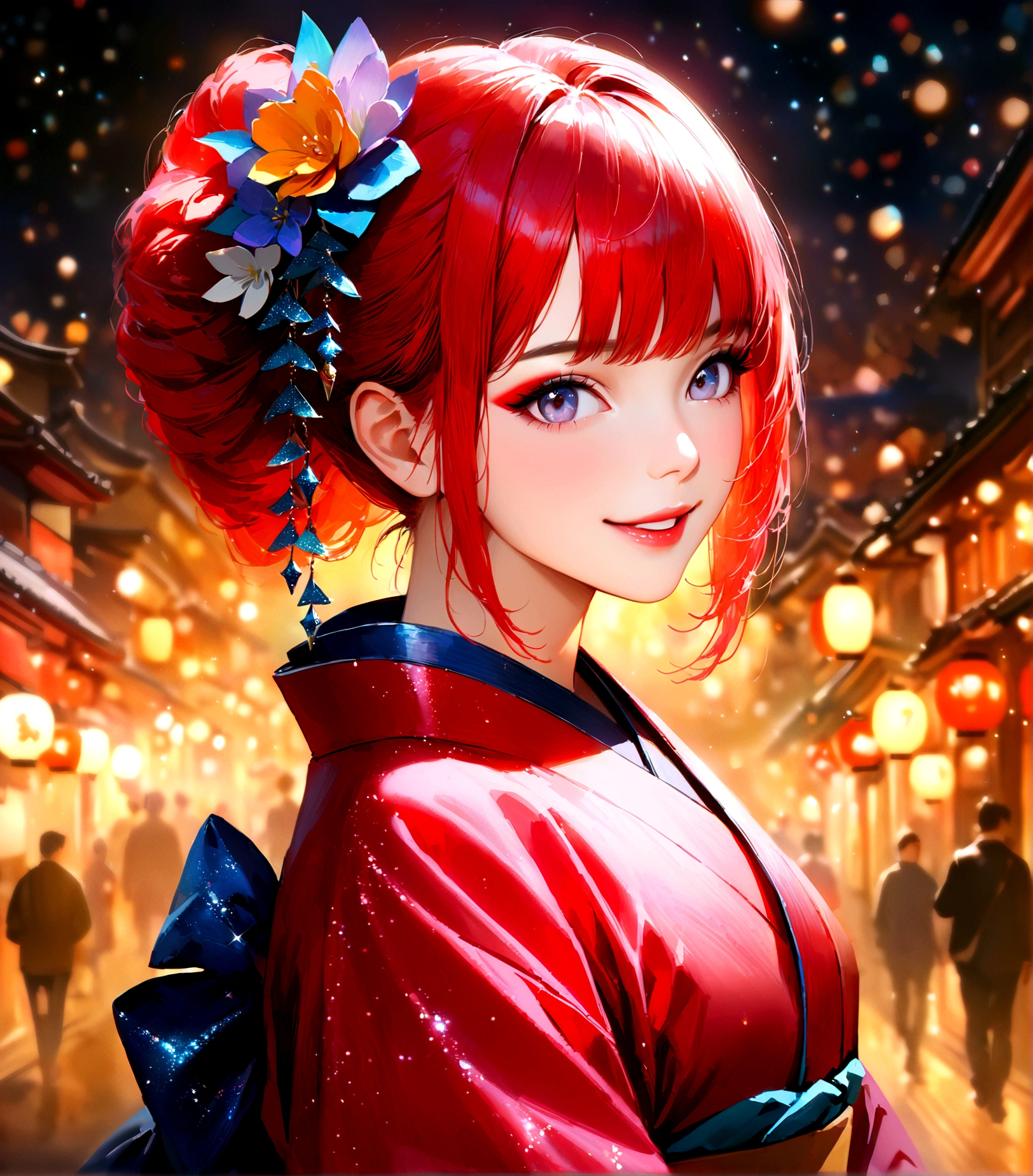 Kyoto, kimono,Maiko makeup,Blur the background,young woman,smile,Glitter effect,Highest quality, 8K, High resolution, masterpiece:1.2, Very detailed, Realistic:1.37, High resolution, 超High resolution, Ultra-fine painting, Professional, Vibrant colors