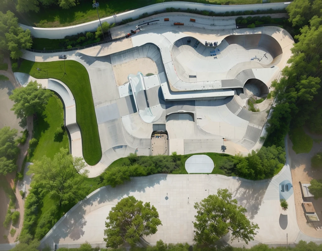 aerial view of a skatepark with a skateboard park and a skatepark, skatepark, skatepark, view from above, photo taken from above, aerial view from above, photo from above, seen from above, from above, shot from above, Overhead shot, wide Overhead shot, 俯视Bird&#39;s eye view图, viewed from above, Bird&#39;s eye view
