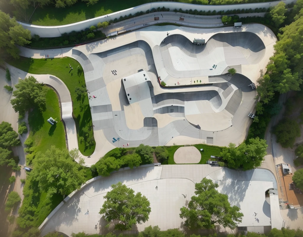 aerial view of a skatepark with a skateboard park and a skatepark, skatepark, skatepark, view from above, photo taken from above, aerial view from above, photo from above, seen from above, from above, shot from above, Overhead shot, wide Overhead shot, 俯视Bird&#39;s eye view图, viewed from above, Bird&#39;s eye view