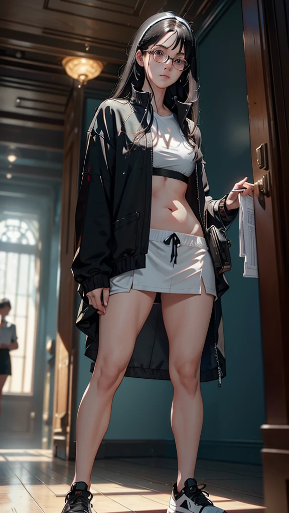 Character setting image, character sheet, whole body, entire body, full body, total body, standing, upright stance, erect posture, athletic shoes, belly button, 20-years-old beautiful female, black rim glasses, wearing white headphones, black hair, date clothes, Midsummer formal attire, intellectual atmosphere, knowledge, scholarship, enthusiasm, front of whole body, immersion, concentration, sense of accomplishment, cinematic lighting, masterpiece, top quality, 4K, academic atmosphere, (masterpiece), (best quality), ultra-high res, sharp focus, high definition eyes