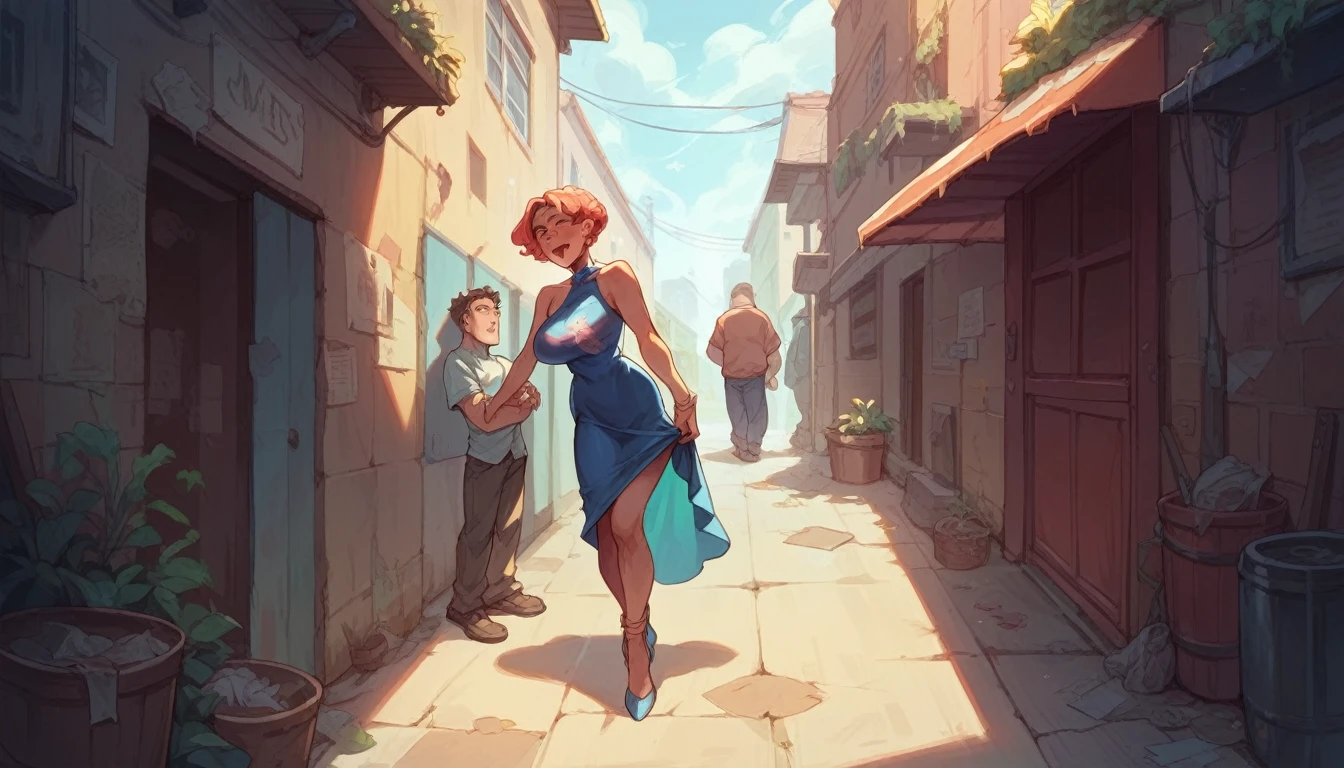 girl in tight party dress being groped by many strangers in an alley