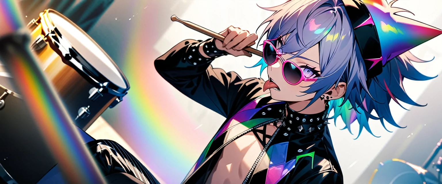 (((masterpiece,Highest quality))),(((A male anime character wearing a revealing enamel visual kei outfit with sunglasses and a multi-colored, spiky hairstyle, sitting at a drum set))),((Wearing a small hat at an angle)),((Fortress-like drum set)),(((Sticking out his tongue and holding up drumsticks))),Focus on the upper body,(high quality),アニメ,rainbow highlights