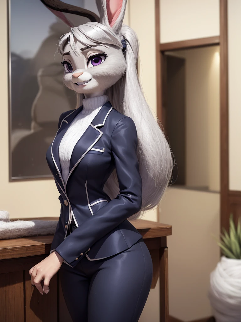 best quality, masterpiece, 3D anime, (((solo))), (((1girl))), ((Face is JudyHopps)), (long ears like a rabbit:0.8), Heir is in a black ponytail style, Body is human lady, Navy blue business suit, Tailored jacket, White blouse, Skirt, (the suit is made of wool:1.4), suit color is {gray, black, stripe}, ((skin is silver with fluffy and fluffy)), (portrait view), In the background there is a office space, ((Her expression shows a fresh smile, with palms folded in front of herself while waiting))