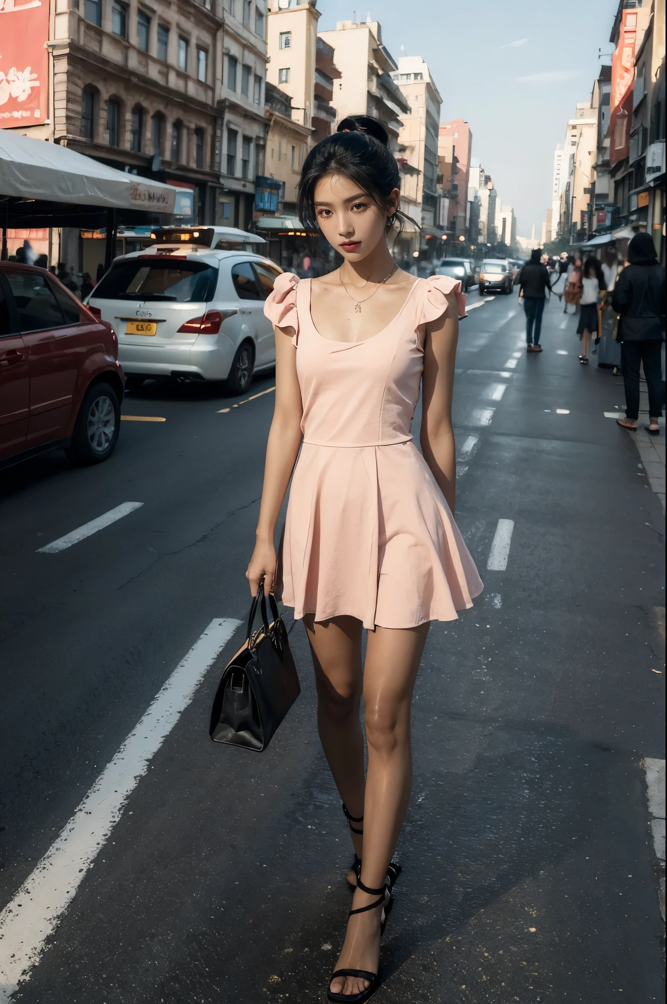 (((best quality))),(((ultra detailed))),(((masterpiece))),illustration,1girl,slim,sun-kissed skin,vibrant rose-pink cotton dress,short ponytail,flat ,slender legs,pantyhose,sandals, bustling city streets, honking cars,surrounded by crowded crowds, colorful advertisements, street food vendor, grilled skewers, spicy sauce, enjoying sights and sounds,(darkened black skin:1.5)