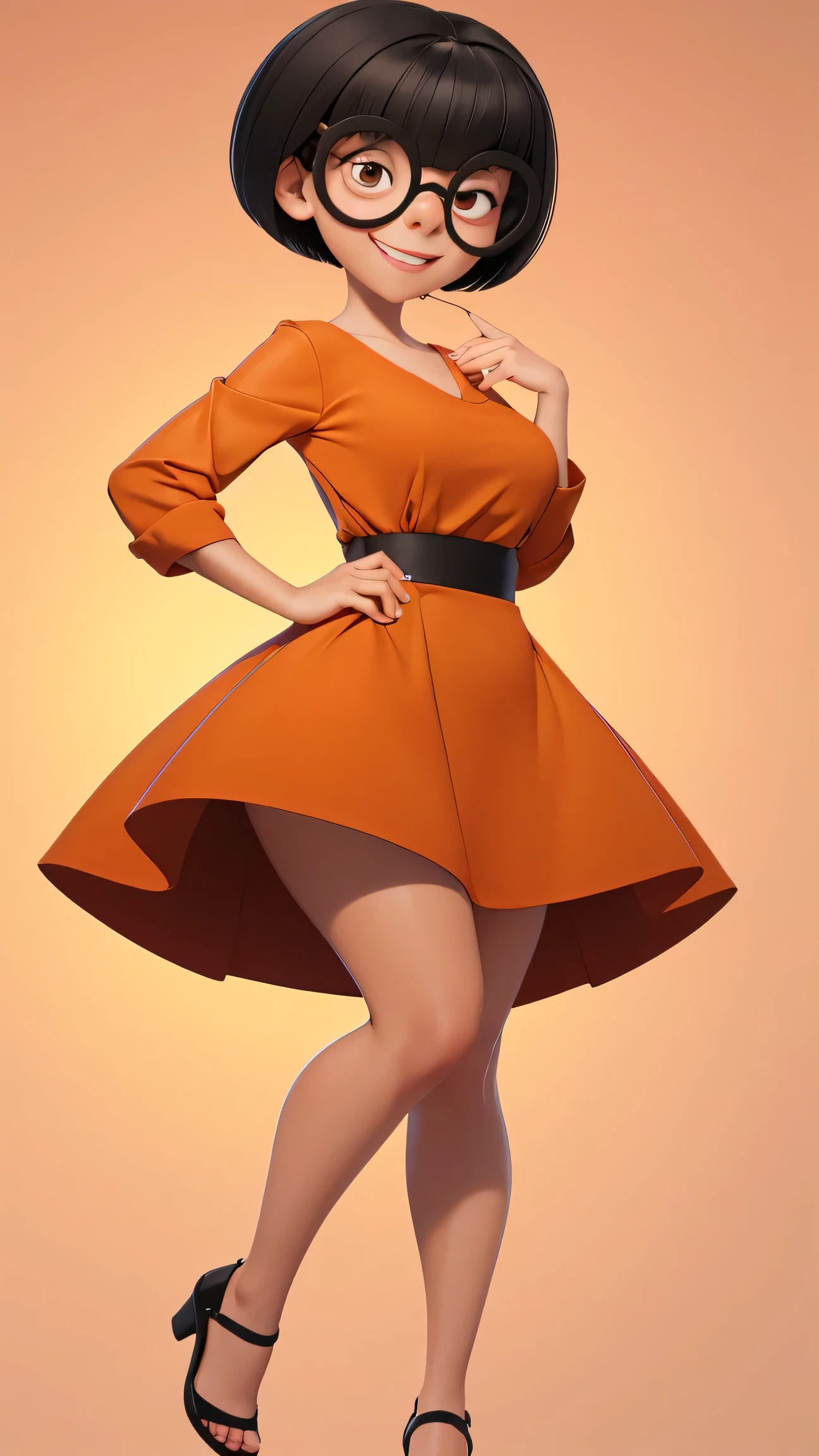 (best quality:1.4),(shiny skin), body focus, (cute face), (((best quality))), illustration, ((Beautiful Finger)), , Beautiful body, Beautiful character design, ,perfect lighting, Colorful, Bright_Front_face_Lighting, ultra high res, highres, absurdres:1.2, bokeh:1.2, lens flare, (vibrant_color:1.2), (Beautiful, medium breasts:1.2), (thick thighs:1.1), THICK, 1girl,
Short black hair, large round glasses, big round eyes with light pupils, thin eyebrows, small nose, light skin tone, subtle smile, wearing a orange dress, hands on hips, brown eyes, Edna Moda, full body view, show sexy legs, bug breasts, sexy, provocative