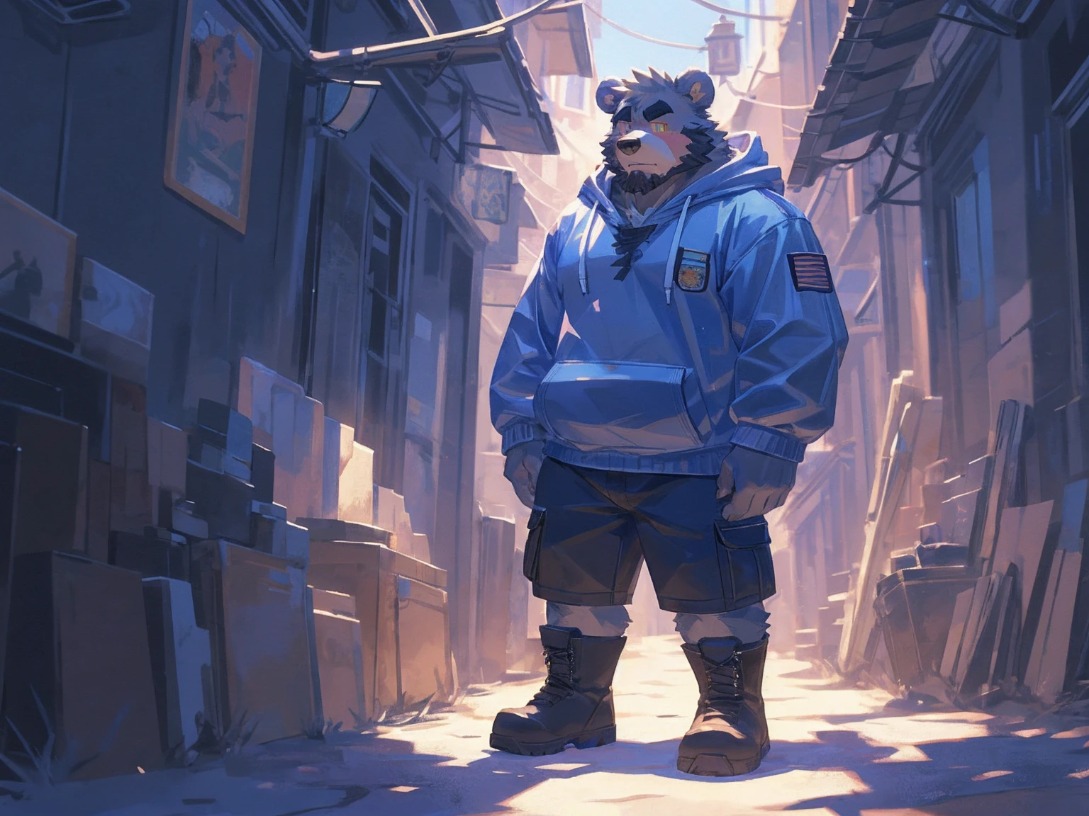 (masterpiece:1.2), best quality,pixiv,official art,perfect anatomy, (Ray tracing, light),solo, (1_male:1.3) , (muscle), (gray fur:1.4), (muscle bear), (beard:1.2), (gleaming golden eyes), Thick black eyebrows, (open hoodie:1.3), (naked inside:1.2), cargo shorts, boots, standing alone, unhappy , (at the seaside:1.3) , less background
