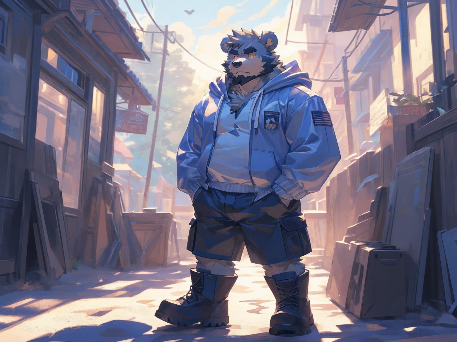 (masterpiece:1.2), best quality,pixiv,official art,perfect anatomy, (Ray tracing, light),solo, (1_male:1.3) , (muscle), (gray fur:1.4), (muscle bear), (beard:1.2), (gleaming golden eyes), Thick black eyebrows, (open hoodie:1.3), (naked inside:1.2), cargo shorts, boots, standing alone, unhappy , （at the seaside:1.3) , less background