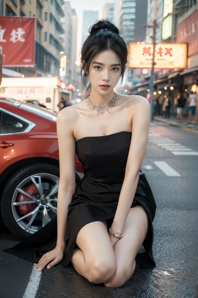 (((best quality))),(((ultra detailed))),(((masterpiece))),illustration,1girl,slim,sun-kissed skin,vibrant rose-pink cotton dress,short ponytail,flat chest,slender legs,pantyhose,sandals, bustling city streets, honking cars,surrounded by crowded crowds, colorful advertisements, street food vendor, grilled skewers, spicy sauce, enjoying sights and sounds,(darkened black skin:1.5),upper body
