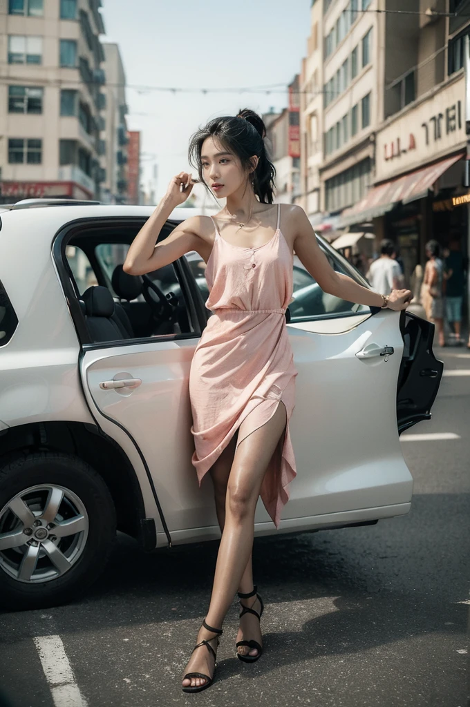 (((best quality))),(((ultra detailed))),(((masterpiece))),illustration,1girl,slim,sun-kissed skin,vibrant rose-pink cotton dress,short ponytail,flat chest,slender legs,pantyhose,sandals, bustling city streets, honking cars,surrounded by crowded crowds, colorful advertisements, street food vendor, grilled skewers, spicy sauce, enjoying sights and sounds,(darkened black skin:1.5),upper body