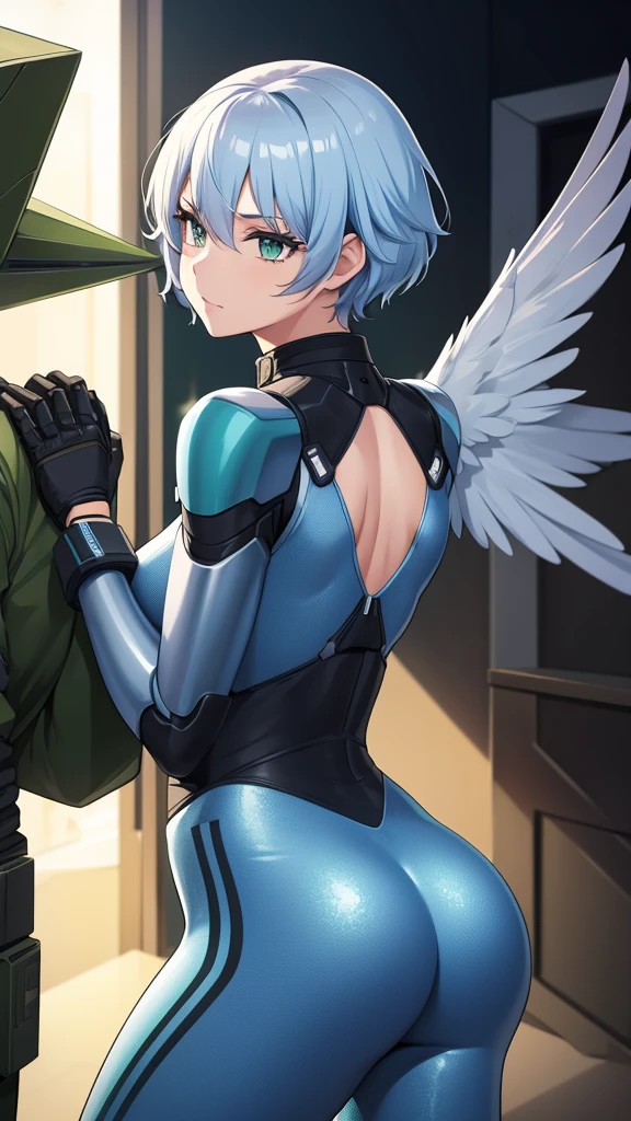 an elite girl, big chest, sexy, beautiful, tall, wavy light blue hair, short cut, short front, her green eye, soft purple eyelashes, she wears a metallic top, a robotic air suit, a military ship and a pair of pants, a military air suit, gray armor, gloves, a black hand, her back, an elite wing, she flies in the sky. 