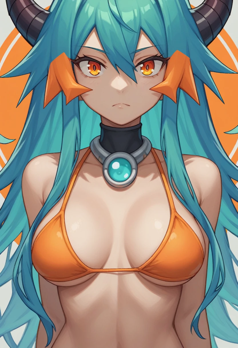 score_9, score_8_up, score_7_up,1 daemon woman, straight demon horns, (black horns), vertical horns, black demon tail, (aquamarine hair),aquamarine green color hair,ahoge, long hair, (long hair),bangs, light orange bikini,bikini is orange, bikini orange, orange bikini!, (orange eyes), background is spaceship, orange eyes, 1woman ,facing viewer, daemon girl, bubbles, tube, close up,Well-endowed, alone,Spacecraft interior