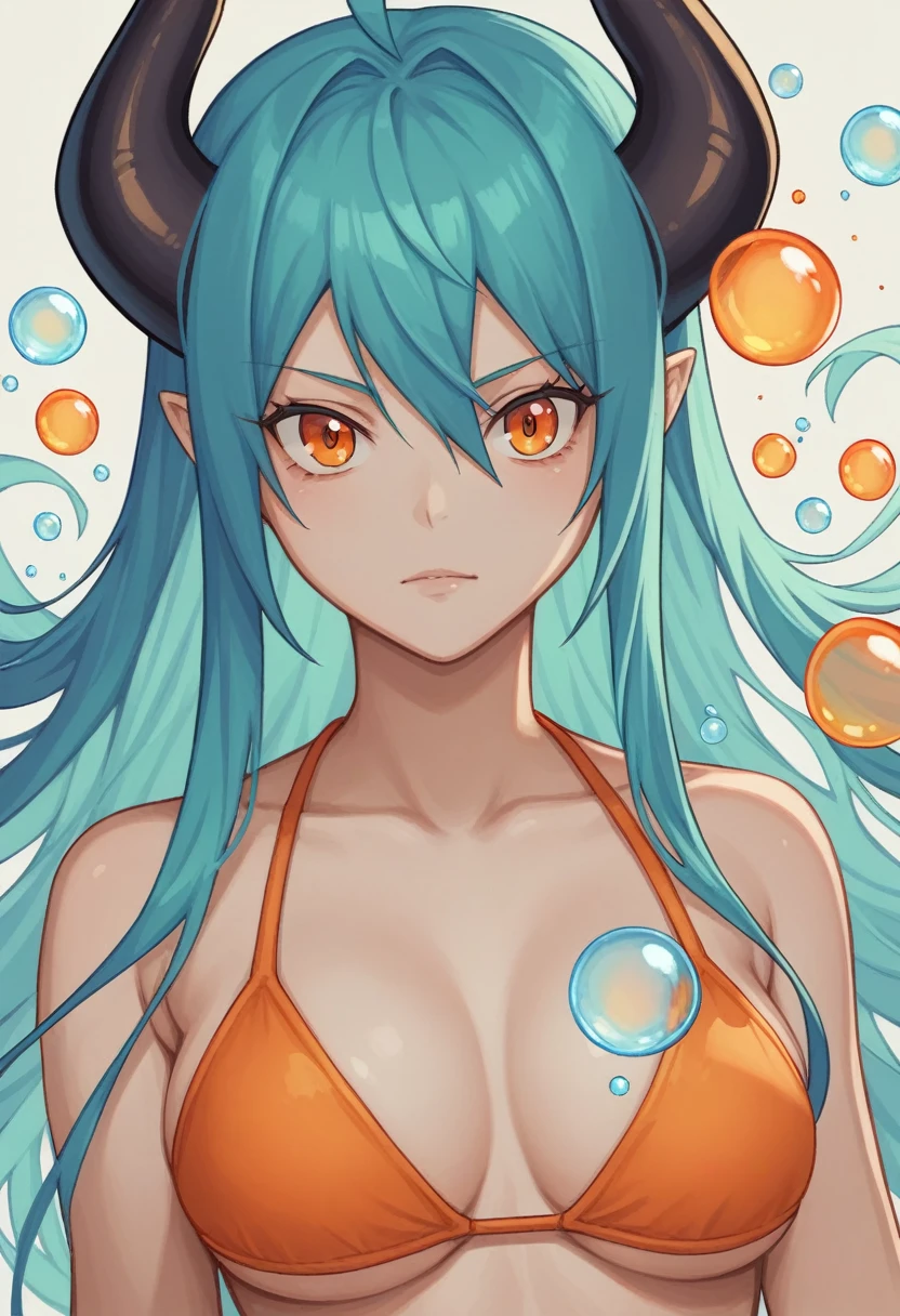 score_9, score_8_up, score_7_up,1 daemon woman, straight demon horns, (black horns), vertical horns, black demon tail, (aquamarine hair),aquamarine green color hair,ahoge, long hair, (long hair),bangs, light orange bikini,bikini is orange, bikini orange, orange bikini!, (orange eyes), background is spaceship, orange eyes, 1woman ,facing viewer, daemon girl, bubbles, tube, close up,Well-endowed, alone,Spacecraft interior