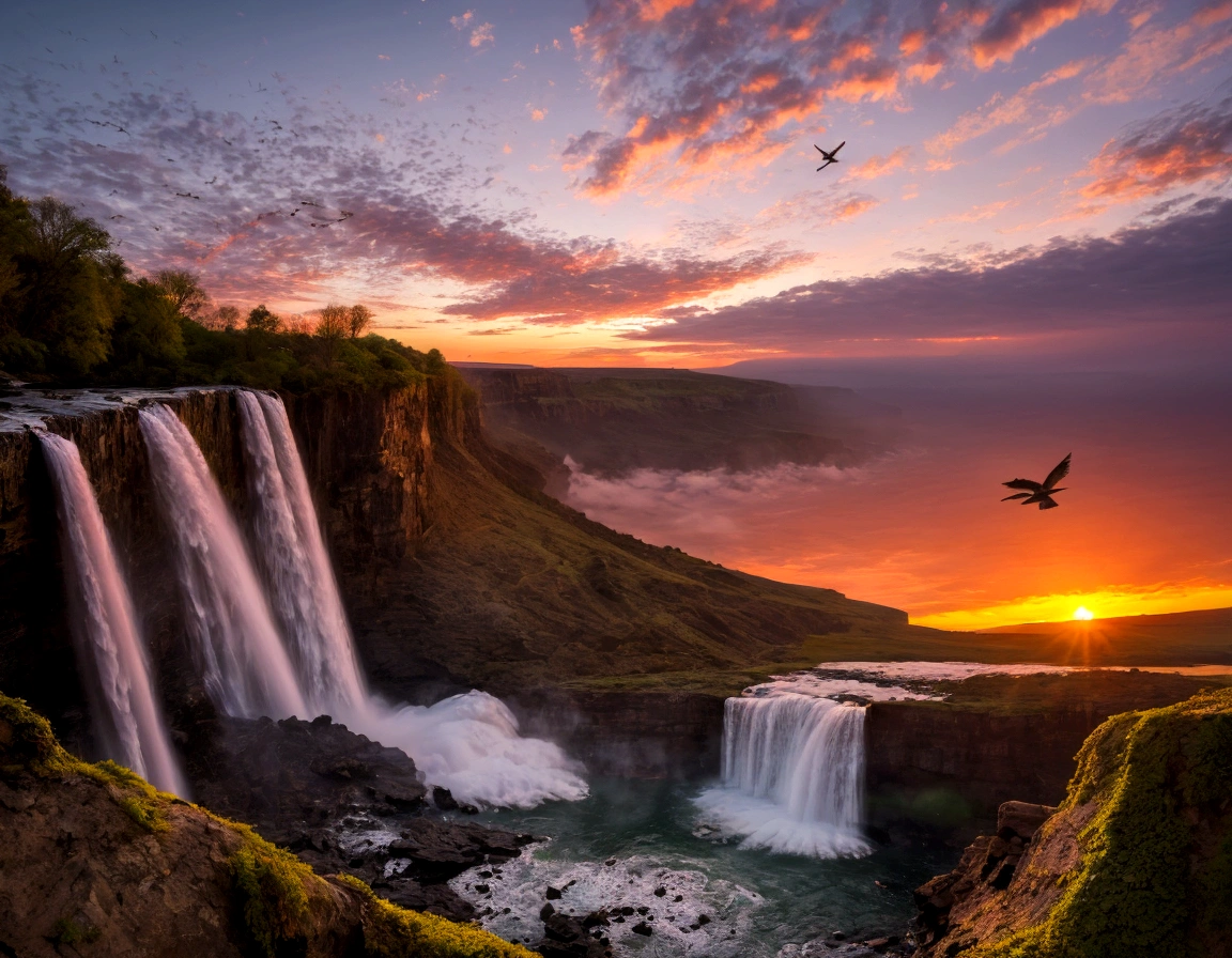 protrait, photography of, Hermaphroditic landscape, Birds fly over the waterfall , brilliant sunset