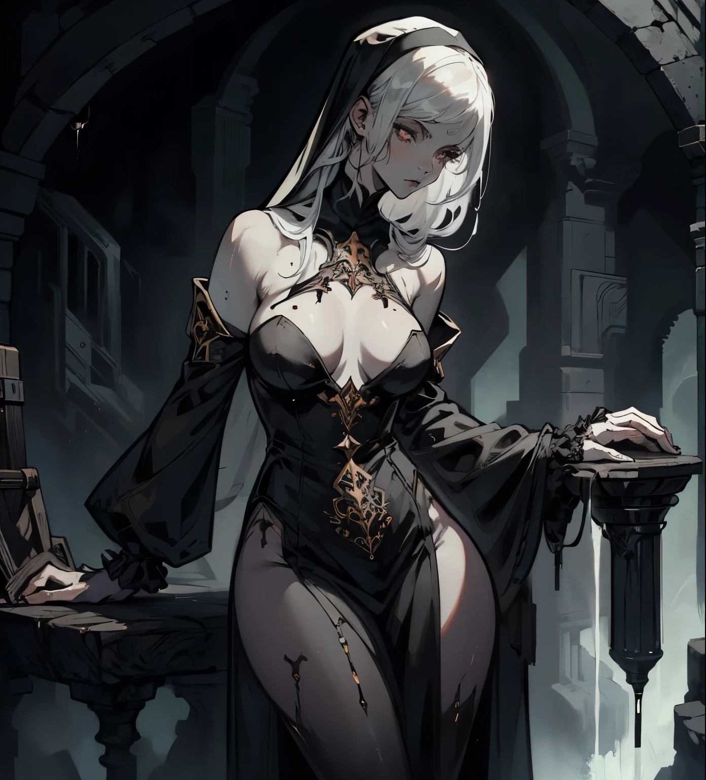Female Woman, homunculus, build, fantasy, nun uniform, pale skin, hairless, iron veins, resin drips, Brilliant eyes