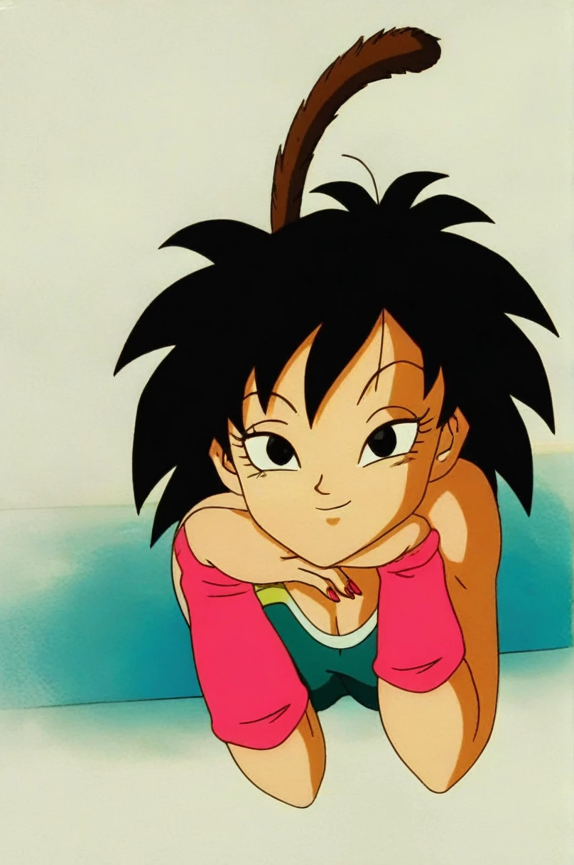 fountain_cheered up, score_9,score_8_above, score_7_above, gineDb, cheered up screencap,
1 girl, Alone, old, looking at the viewer, SMILE, short hair, simple background, black fur, neckline, bare shoulders, medium old, Closed mouth, aboveper body, retro artStyle, 1990s \(Style\), Gray background, black eyes, nails, hands above, bare arms, eyelashes, half closed eyes, happy, own hands together, spiky hair, pink bracelet, intertwined fingers, headrest, elbow rest, saiyajin armadura, green saiyajin armadura, Eyebrows, v-shaped Eyebrows, sexy body, tight sexy ass, hand on one's own ass, looking at the ass