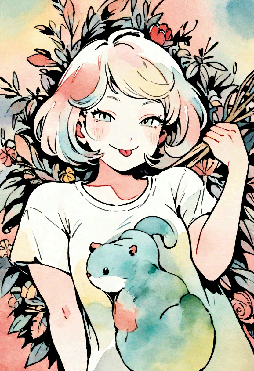 T-shirt design with flowers of different breeds of different colors in light pastel colors, no dark colors, with a cute Kurilian Bobtail smiling broadly (stick out tongue). Smug look. High detail. T-SHIRT DESIGN inspired by Dean Krauser. In the style of a beautiful playful vintage watercolor illustration of a drawing in the style of animal art, pop art.