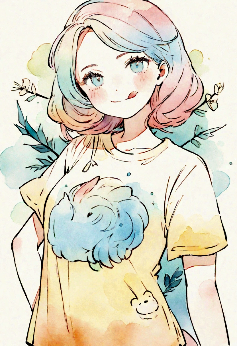 T-shirt design with flowers of different breeds of different colors in light pastel colors, no dark colors, with a cute Kurilian Bobtail smiling broadly (stick out tongue). Smug look. High detail. T-SHIRT DESIGN inspired by Dean Krauser. In the style of a beautiful playful vintage watercolor illustration of a drawing in the style of animal art, pop art.