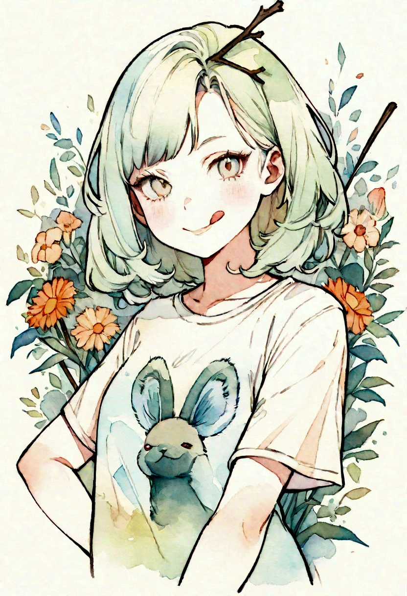 T-shirt design with flowers of different breeds of different colors in light pastel colors, no dark colors, with a cute Kurilian Bobtail smiling broadly (stick out tongue). Smug look. High detail. T-SHIRT DESIGN inspired by Dean Krauser. In the style of a beautiful playful vintage watercolor illustration of a drawing in the style of animal art, pop art.