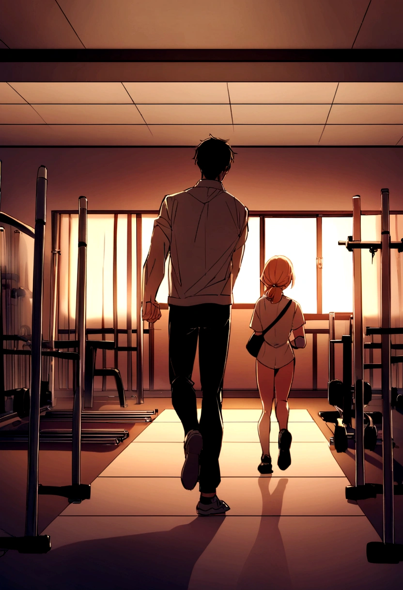 There are two people、One is a female physical therapist in her 20s.、Wearing Casey、Hair 、One is a man in his 50s、Walking between parallel bars、Doing walking training、Location: Training room、Exercise equipment can be seen at the back of the room.