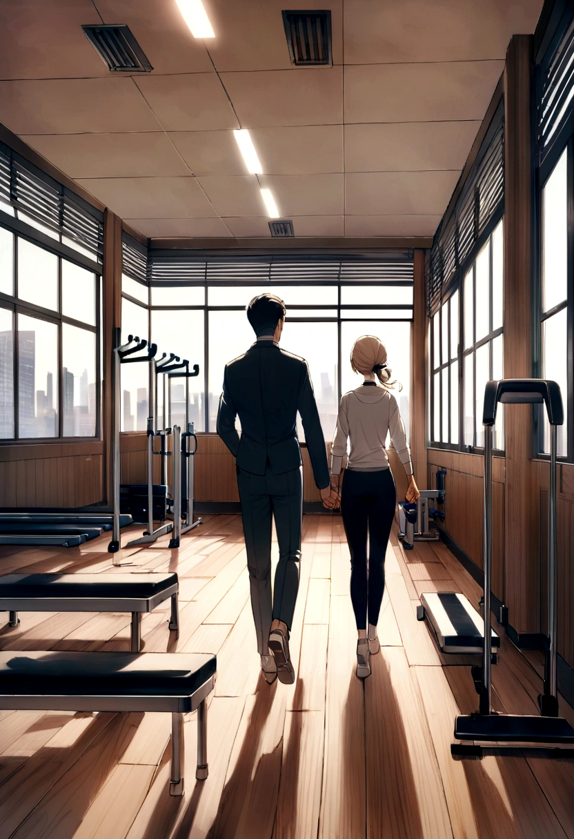 There are two people、One is a female physical therapist in her 20s.、Wearing Casey、Hair tied up、One is a man in his 50s、Walking between parallel bars、Doing walking training、Location: Training room、Exercise equipment can be seen at the back of the room.