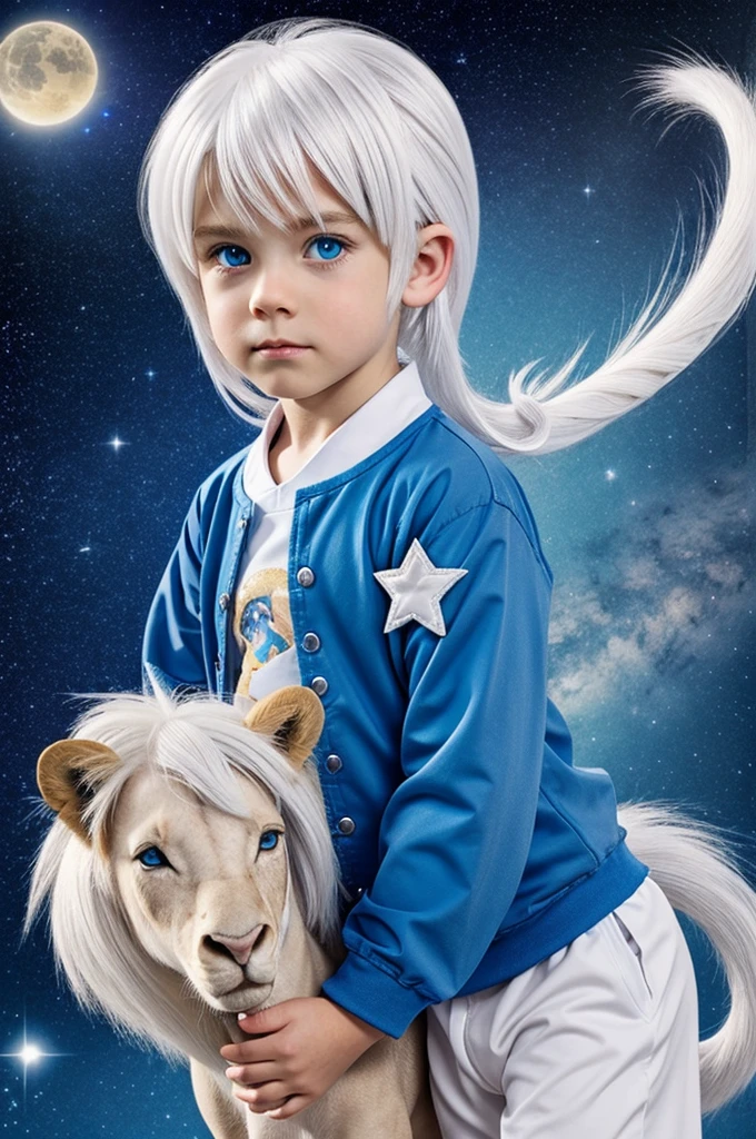 attractive boy,medium white hair,white eyelashes and blue eyes in which a star reflects ,lion ears and tail,with my little pony clothes