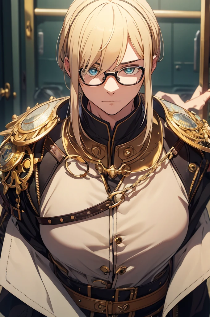 Blonde, Round Glasses, cool, (Gear Accessories), anime, beautiful, masterpiece, Highest quality, (1male性:1.5), (Shining Eyes:1.3), (Beautifully detailed eyes:1.1)、[[Delicate fingers and hands:0.55]::0.85], (Detailed reference),male, maleらしく, male, (Not as it really is), (bad), (Not as it really is感), No chest, short hair length