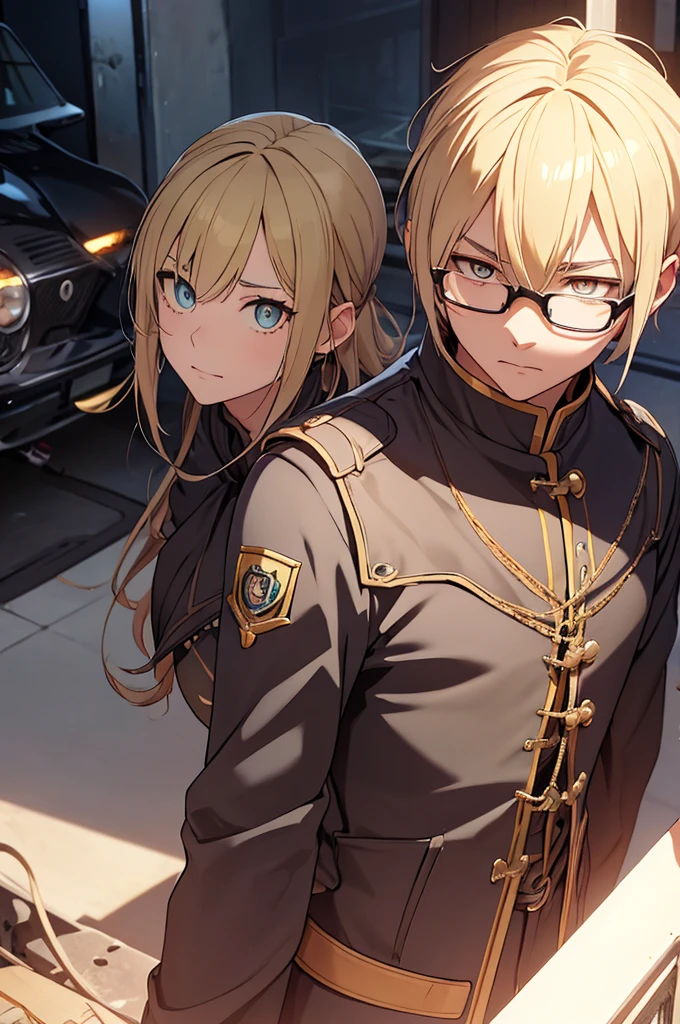 Blonde, Round Glasses, cool, (Gear Accessories), anime, beautiful, masterpiece, Highest quality, (1male性:1.5), (Shining Eyes:1.3), (Beautifully detailed eyes:1.1)、[[Delicate fingers and hands:0.55]::0.85], (Detailed reference),male, maleらしく, male, (Not as it really is), (bad), (Not as it really is感), No chest, short hair length