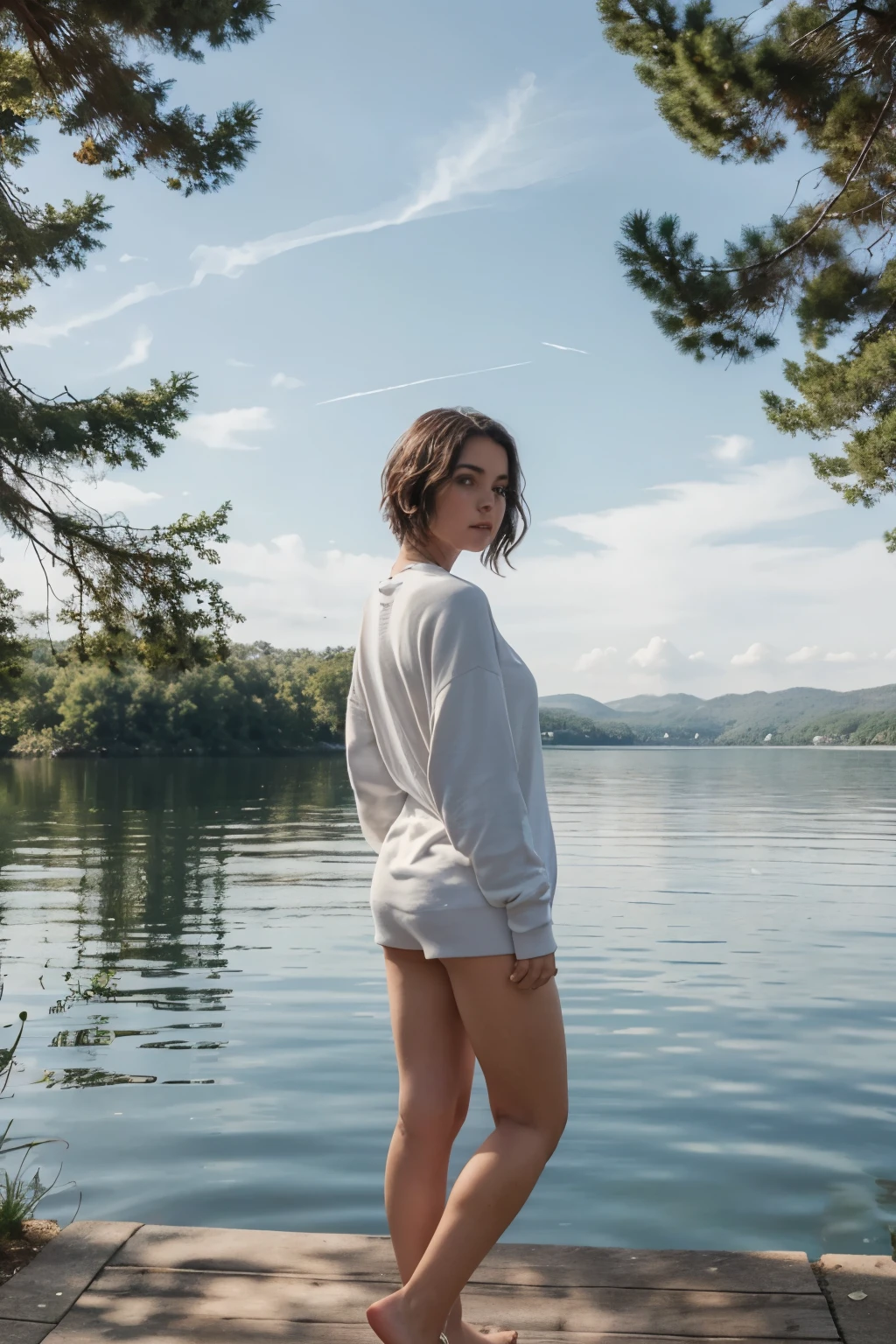 there is a girl that is standing and facing at lake side with her arms out, wearing a plain white sweat shirt white pajama, full body in view, wearing a colorful cool sweat shirt, on the lake, full body wide shot, full body length shot, look, facing lake . back facing only, short hair, cheering, back showing, wide arms, facing at lake not camera full pajama wearing
