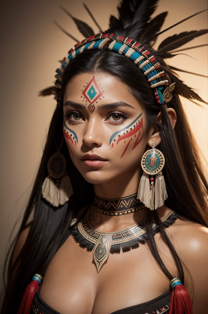 Imagem cinematográfica hyperrealisti extremamente perfeita de uma mulher com um cocar de penas segurando um bastão de madeira, Amazonian indigenous peoples in Brazil, a young shaman, beautiful young shaman, aztec princess portrait, tribal face paint, tribal clothing, a beautiful woman warrior, she is dressed in shaman clothes, tribal makeup, tribal red atmosphere, native american, tribal face paintings, tribal style, aztec warrior goddess, 16K, high definition, face detailed, face detailed, detailedeyes, detailed suit, DC style, hyperrealisti, + cinematic shot + dynamic composition, incredibily detailed, sharpening, detaileds + detaileds soberbos + evening with light + perfectionism + award winning realism ((soft lighting))