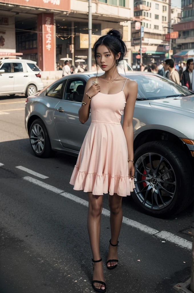 (((best quality))),(((ultra detailed))),(((masterpiece))),illustration,1girl,slim,sun-kissed skin,vibrant rose-pink cotton dress,short ponytail,flat chest,slender legs,pantyhose,sandals, bustling city streets, honking cars,surrounded by crowded crowds, colorful advertisements, street food vendor, grilled skewers, spicy sauce, enjoying sights and sounds,(darkened black skin:1.5)
