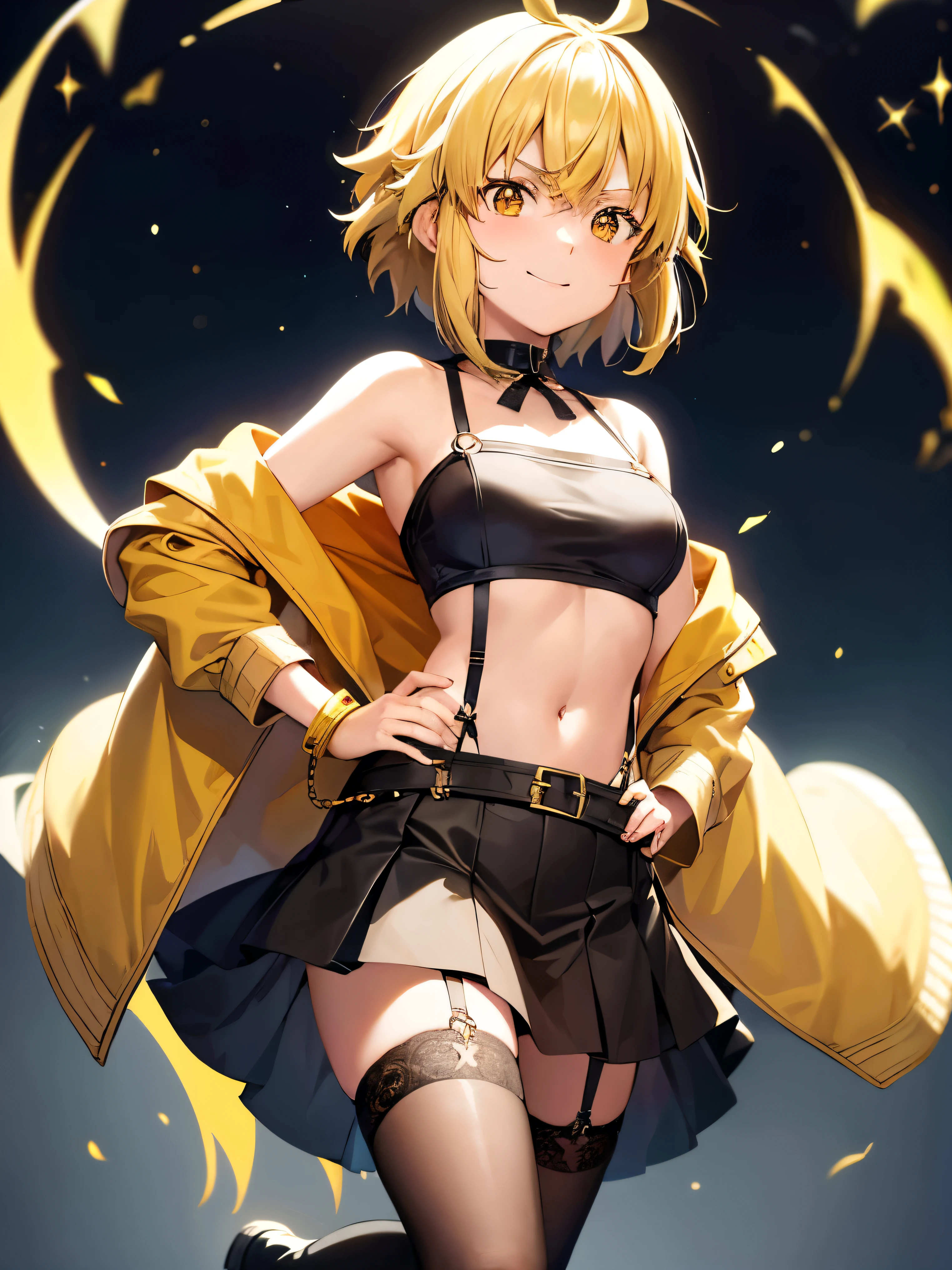 Argo ,Argo the rat, Short hair, Orange eyes, highly contrast, Showcase high-quality artwork,  bare neck,beautiful face,beautifulgirl,smile,hand on hip,ear ornament, hairclip, ((yellow jacket)), crop top, cropped jacket, open clothes, open jacket, strapless, tube top, bandeau, long sleeves, midriff, navel, suspenders, animal print, belt, suspender skirt, black skirt, pleated skirt, green socks, black footwear, boots,from front,Dynamic lighting ,watercolor medium, star cluster, particle, reflection light, stars, ruins of beautiful details, {{orange revolve round Stellar black hole}}, big circle, very fine 8KCG wallpapers, masterpiece, very fine 8K CG wallpaper,