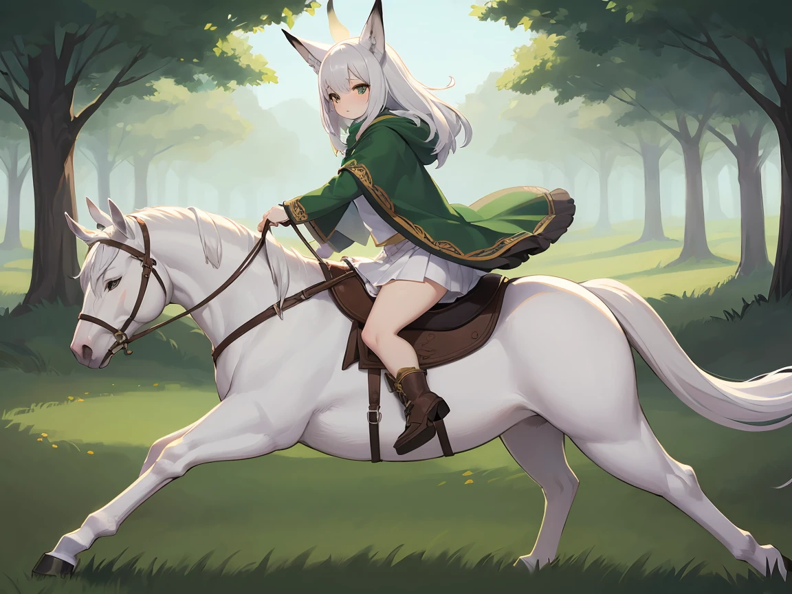 nsfw, 1 female fox, straight long white hair, green cloak, white skirt, riding on white horse,, ambient light, full body, masterpiece, high quality, high-details, best quality,