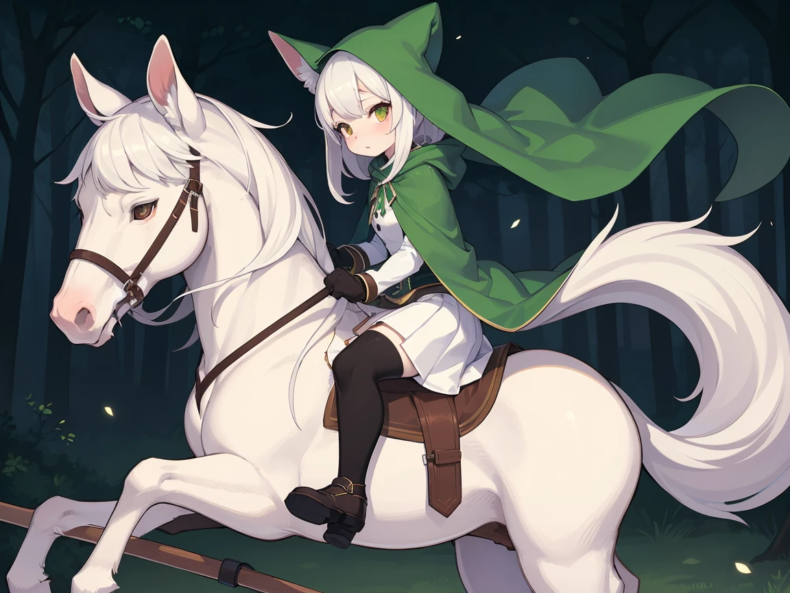 nsfw, 1 female fox, straight long white hair, green cloak, white skirt, riding on white horse,, ambient light, full body, masterpiece, high quality, high-details, best quality, 