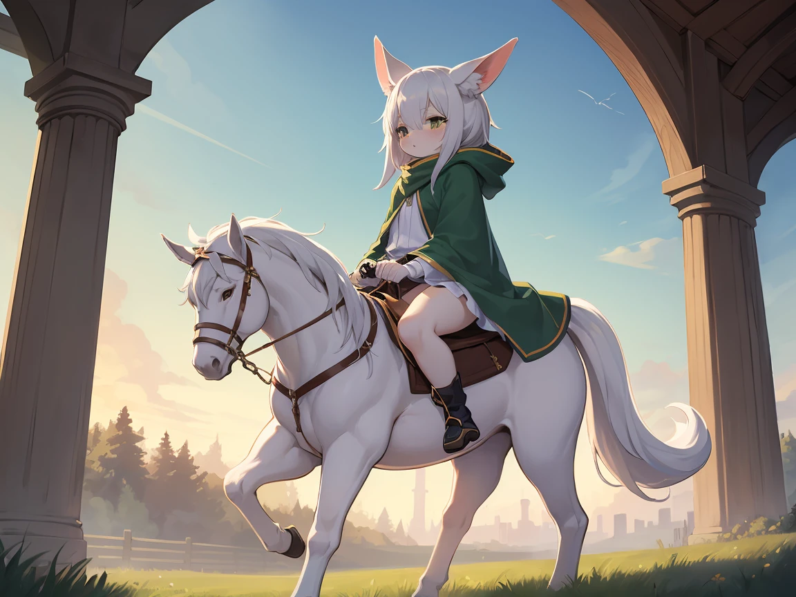 nsfw, 1 female fox, straight long white hair, green cloak, white skirt, riding on white horse,, ambient light, full body, masterpiece, high quality, high-details, best quality,