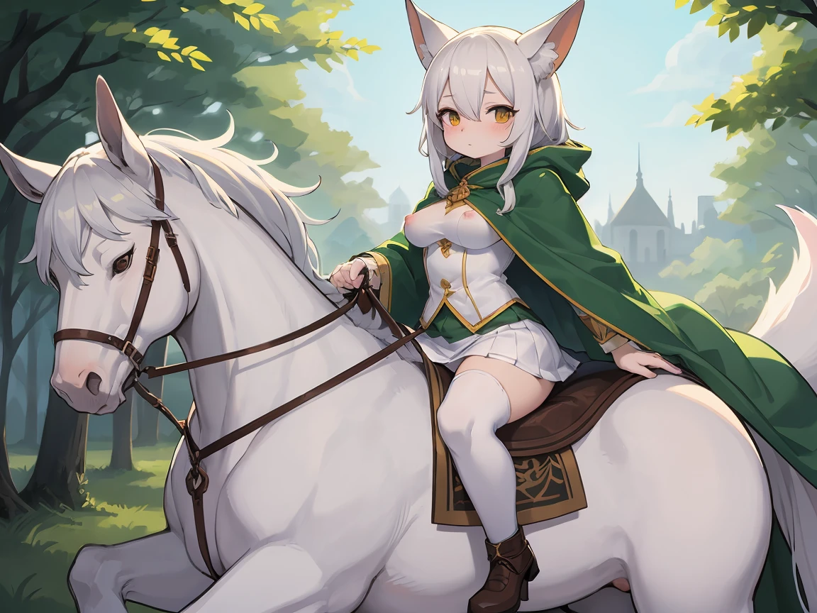 nsfw, 1 female fox, straight long white hair, green cloak, white skirt, riding on white horse,, ambient light, full body, masterpiece, high quality, high-details, best quality,