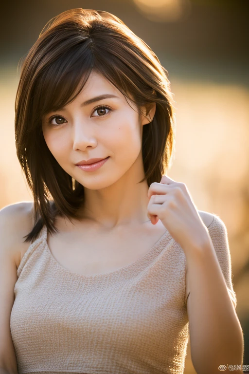 masterpiece, Highest quality, 8K, One wife, 45 years old、The right human hand, Correct human finger, Skinny Japanese woman, cute, Girlish, Delicate woman, Pure beauty, Small , Very small waist,  lips, Illumination, avert your eyes, RAW Photos, debt/1.8, 135mm, Canon, Anatomically correct, Bokeh，Textured skin, Professional photography, Soft Light, Professional Lighting, Backlight, film grain, (Eye and facial details:1.0), Brown Hair, Medium length hair swaying in the wind, Silk blouse,
