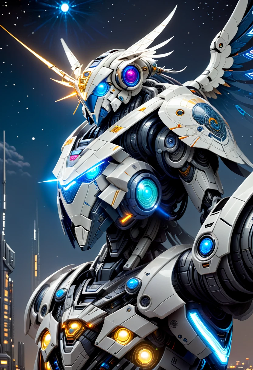 A sleek, all-droid mecha stands tall in the heart of a dark, starry night. The mecha, adorned with intricate circuitry and glowing blue lines, proudly wears a droid eagle on its shoulder. The droid eagle's eyes glow bright blue, as if scanning the surroundings for any signs of danger.