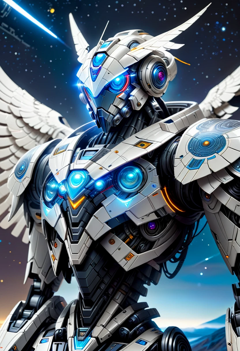 A sleek, all-droid mecha stands tall in the heart of a dark, starry night. The mecha, adorned with intricate circuitry and glowing blue lines, proudly wears a droid eagle on its shoulder. The droid eagle's eyes glow bright blue, as if scanning the surroundings for any signs of danger.