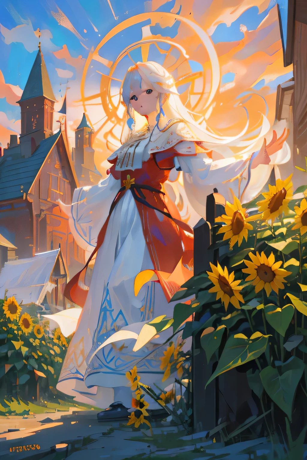 a beautiful woman with long white hair, wearing a traditional Russian Sarafan dress, In the background are traditional Russian "wooden" houses,standing in a field of sunflowers, (best quality, 4k, 8k, highres, masterpiece:1.2), ultra-detailed, (realistic, photorealistic, photo-realistic:1.37), HDR, UHD, studio lighting, ultra-fine painting, sharp focus, physically-based rendering, extreme detail description, professional, vivid colors, bokeh, concept art, fantasy, portrait, cinematic lighting, golden hour