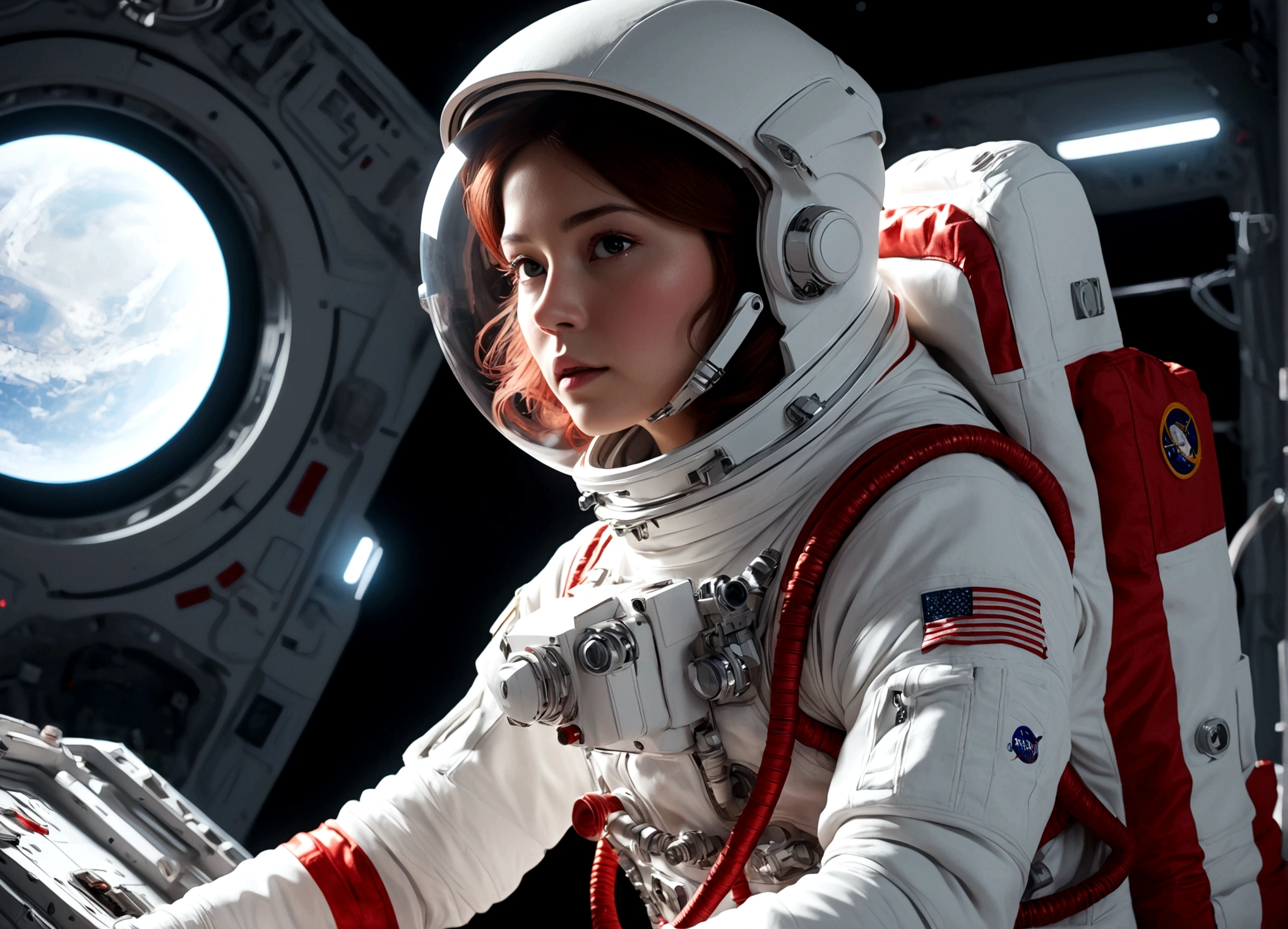 The astronaut is a 30-year-old American woman.., white and red metallic clothing, cinematic, picture 촬영, half backlight, back light, dramatic lighting , incandescent light, soft lighting, Incredibly detailed and complex, hyper maximalist, Art, elegant pose, dynamic, picture, volume , very detailed, intricate details, Gwise의 very detailed 걸작, future environment