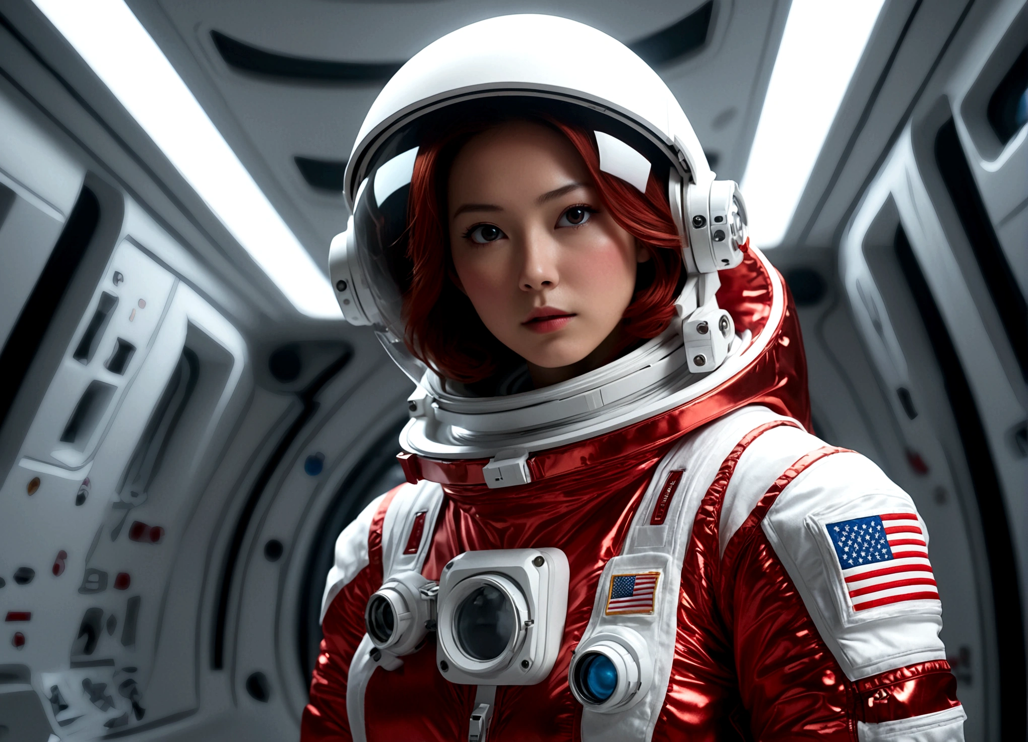 The astronaut is a 30-year-old American woman.., white and red metallic clothing, cinematic, picture 촬영, half backlight, back light, dramatic lighting , incandescent light, soft lighting, Incredibly detailed and complex, hyper maximalist, Art, elegant pose, dynamic, picture, volume , very detailed, intricate details, Gwise의 very detailed 걸작, future environment