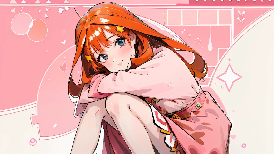 ((best quality)), ((masterpiece)), (detailed), perfect face, 1girl, nakano itsuki, smiling, whimsical, triad color pallette, hugging knees, looking at viewer, pink water droplets, smiling, flat colouring, full body, blank space on the left, fluffy red hair, star hairclips