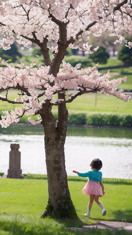 Highest quality,high resolution,Cherry tree in full bloom,Children playing,Back view