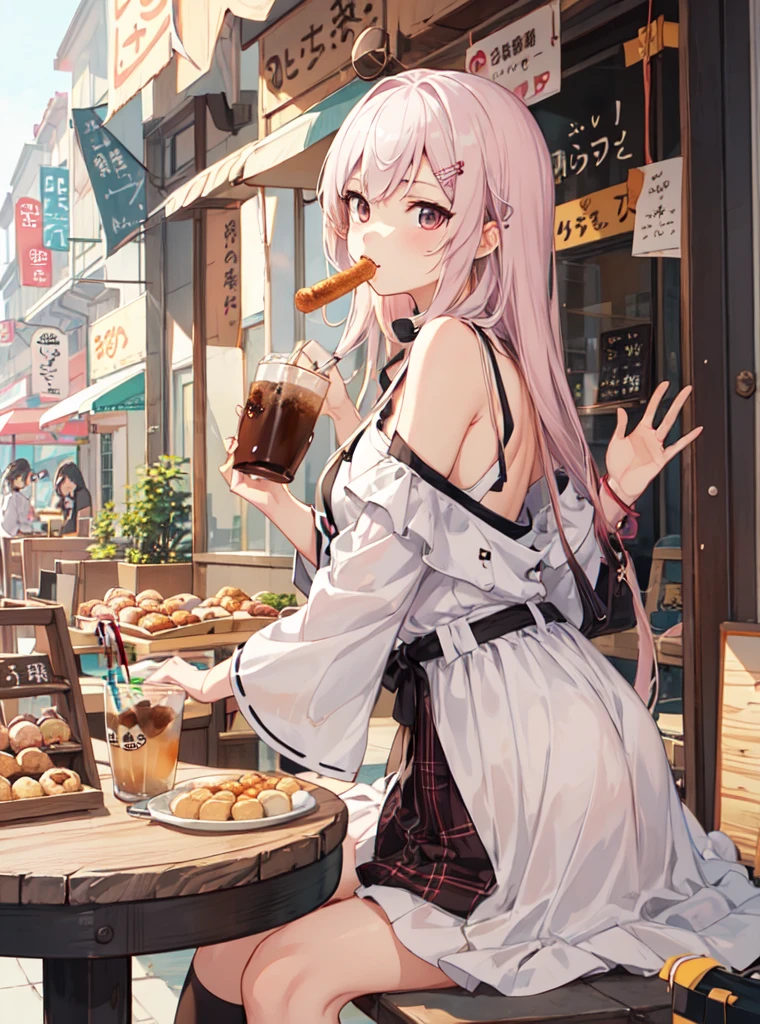 Sit at the table and eat donuts、Anime girl drinking a drink, kawacy, Anime visuals of cute girls, anime aesthetic, guweiz, mysterious coffee shop girl, artwork in the style of guweiz, anime aesthetic, Cute anime girl, clean detailed anime art, Anime Illustration, soft anime illustration, splash art anime , beautiful anime art style