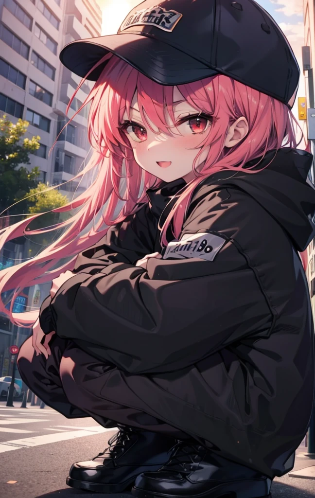 Shana,灼眼のShana,Long Hair, Redhead, Red eyes,happy smile, smile, Open your mouth,Baseball cap,Oversized black hoodie,Black long skirt,short boots,evening,Sunset,The sun is setting,walking,whole bodyがイラストに入るように, break outdoors, construction area, break looking at viewer, whole body, break (masterpiece:1.2), Highest quality, High resolution, unity 8k wallpaper, (shape:0.8), (Beautiful attention to detail:1.6), Highly detailed face, Perfect lighting, Highly detailed CG, (Perfect hands, Perfect Anatomy),