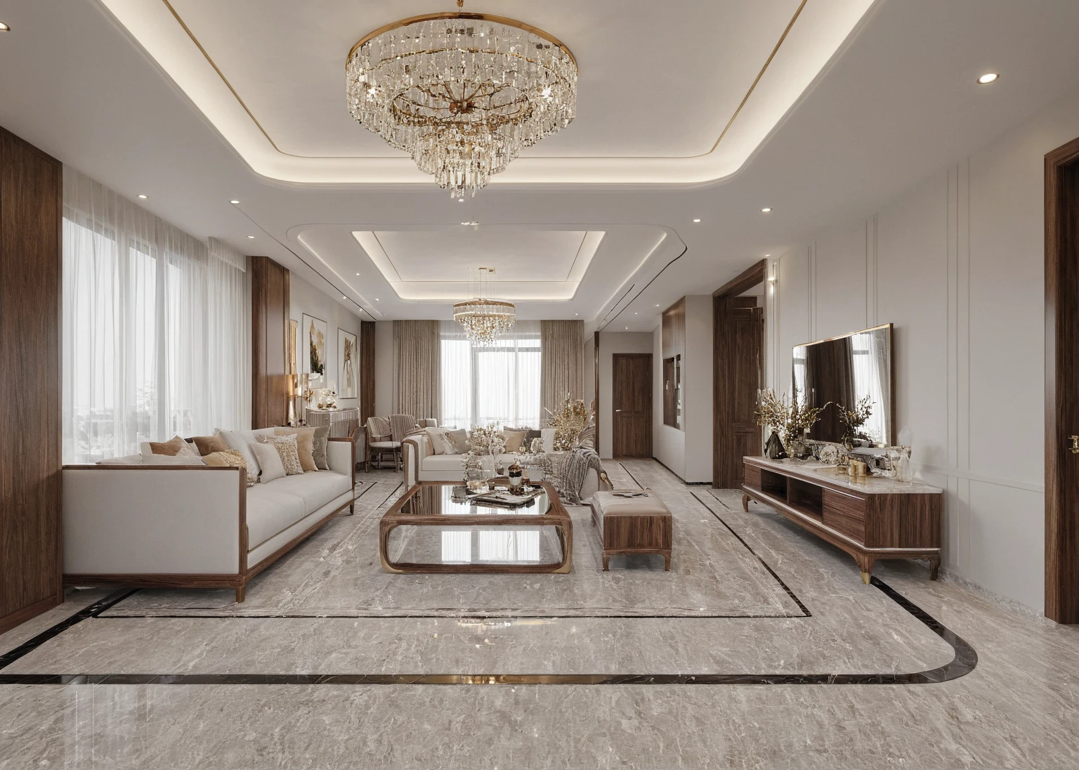 ,Masterpiece, Best quality,8K, Ultra-high resolution,When you step into the ( living room  : 1.1)  ,Immediately surrounded by a rich atmosphere of luxury. The space  was covered with a soft white fluffy blanket,It is so comfortable,So much so that you can't help but indulge in it。Embellished with precious porcelain and white-off gold ornaments。Whenever it is late afternoon,The afterglow from the window spilled on the floor,Soft light and shadow are reflected,It was as if entering a dreamland. ((Wooden chair and table : 1.3)), ((COLUMN MIRROR : 1.3))