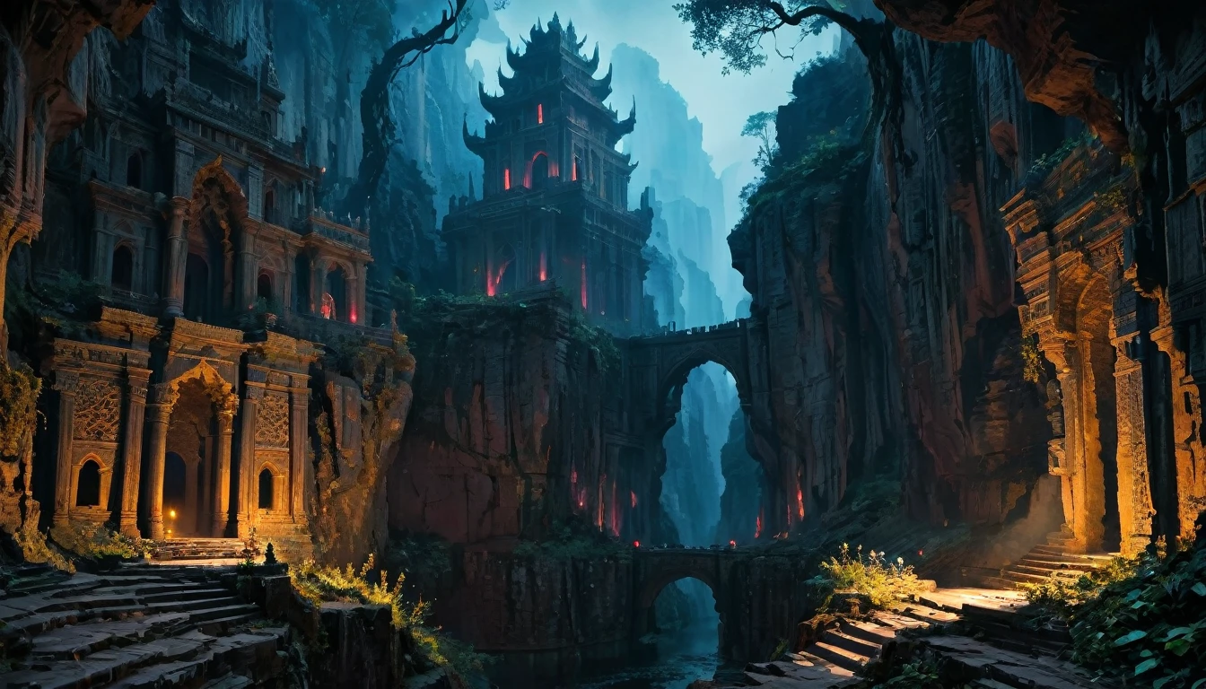 best quality,4k,8k,highres,masterpiece:1.2),ultra-detailed, (large masterpiece digital art), (detailed manga illustration), (detailed line art), cinematic lighting, (intricate details:1.3), (ultra-detailed:1.3), (illustration:1.3), (sharp focus:1.3), (natural lighting:1.05), (vivid colors:1.3), (masterpiece), (best quality:1.4), dynamic lighting, high quality, The Mystic Ravine of Longing is Azus' infernal realm, a seductive yet perilous pocket of hell designed to ensnare the souls of the lustful. It is a labyrinthine domain where desire and despair intertwine, creating a landscape that is both captivating and treacherous. The Ravine itself is an expansive, winding chasm with steep, jagged cliffs that seem to stretch infinitely into the crimson-hued sky. The air is thick with a heady mixture of exotic fragrances, and a perpetual twilight bathes the entire realm in an alluring glow. At the base of the cliffs, a river of molten gold flows sluggishly, its shimmering surface reflecting the shadows of the damned and the echoes of their sighs. The Ravine is dotted with strange, bioluminescent flora that emit a soft, inviting light. These plants are as dangerous as they are beautiful, secreting intoxicating nectars that can overwhelm the senses of any who come too close. At the center of the Ravine lies Azus' palace, the Shadowheart Court. This majestic structure is partially within the Shadowside Dimension, giving it an otherworldly appearance. The palace is built from black marble veined with silver, its towering spires piercing the sky. Enchanted windows reflect not the outside world, but the deepest desires of those who gaze into them. The very air in the Ravine is charged with an energy that heightens emotions and desires. Whispers of past lovers and lost souls echo through the corridors, and an omnipresent, hauntingly beautiful melody plays from an unseen source, luring wanderers deeper into the Ravine.