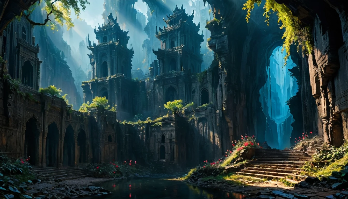 best quality,4k,8k,highres,masterpiece:1.2),ultra-detailed, (large masterpiece digital art), (detailed manga illustration), (detailed line art), cinematic lighting, (intricate details:1.3), (ultra-detailed:1.3), (illustration:1.3), (sharp focus:1.3), (natural lighting:1.05), (vivid colors:1.3), (masterpiece), (best quality:1.4), dynamic lighting, high quality, The Mystic Ravine of Longing is Azus' infernal realm, a seductive yet perilous pocket of hell designed to ensnare the souls of the lustful. It is a labyrinthine domain where desire and despair intertwine, creating a landscape that is both captivating and treacherous. The Ravine itself is an expansive, winding chasm with steep, jagged cliffs that seem to stretch infinitely into the crimson-hued sky. The air is thick with a heady mixture of exotic fragrances, and a perpetual twilight bathes the entire realm in an alluring glow. At the base of the cliffs, a river of molten gold flows sluggishly, its shimmering surface reflecting the shadows of the damned and the echoes of their sighs. The Ravine is dotted with strange, bioluminescent flora that emit a soft, inviting light. These plants are as dangerous as they are beautiful, secreting intoxicating nectars that can overwhelm the senses of any who come too close. At the center of the Ravine lies Azus' palace, the Shadowheart Court. This majestic structure is partially within the Shadowside Dimension, giving it an otherworldly appearance. The palace is built from black marble veined with silver, its towering spires piercing the sky. Enchanted windows reflect not the outside world, but the deepest desires of those who gaze into them. The very air in the Ravine is charged with an energy that heightens emotions and desires. Whispers of past lovers and lost souls echo through the corridors, and an omnipresent, hauntingly beautiful melody plays from an unseen source, luring wanderers deeper into the Ravine.