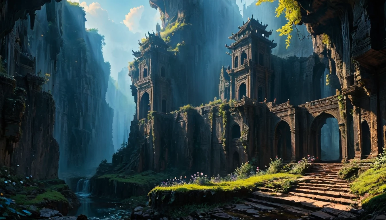best quality,4k,8k,highres,masterpiece:1.2),ultra-detailed, (large masterpiece digital art), (detailed manga illustration), (detailed line art), cinematic lighting, (intricate details:1.3), (ultra-detailed:1.3), (illustration:1.3), (sharp focus:1.3), (natural lighting:1.05), (vivid colors:1.3), (masterpiece), (best quality:1.4), dynamic lighting, high quality, The Mystic Ravine of Longing is Azus' infernal realm, a seductive yet perilous pocket of hell designed to ensnare the souls of the lustful. It is a labyrinthine domain where desire and despair intertwine, creating a landscape that is both captivating and treacherous. The Ravine itself is an expansive, winding chasm with steep, jagged cliffs that seem to stretch infinitely into the crimson-hued sky. The air is thick with a heady mixture of exotic fragrances, and a perpetual twilight bathes the entire realm in an alluring glow. At the base of the cliffs, a river of molten gold flows sluggishly, its shimmering surface reflecting the shadows of the damned and the echoes of their sighs. The Ravine is dotted with strange, bioluminescent flora that emit a soft, inviting light. These plants are as dangerous as they are beautiful, secreting intoxicating nectars that can overwhelm the senses of any who come too close. At the center of the Ravine lies Azus' palace, the Shadowheart Court. This majestic structure is partially within the Shadowside Dimension, giving it an otherworldly appearance. The palace is built from black marble veined with silver, its towering spires piercing the sky. Enchanted windows reflect not the outside world, but the deepest desires of those who gaze into them. The very air in the Ravine is charged with an energy that heightens emotions and desires. Whispers of past lovers and lost souls echo through the corridors, and an omnipresent, hauntingly beautiful melody plays from an unseen source, luring wanderers deeper into the Ravine.
